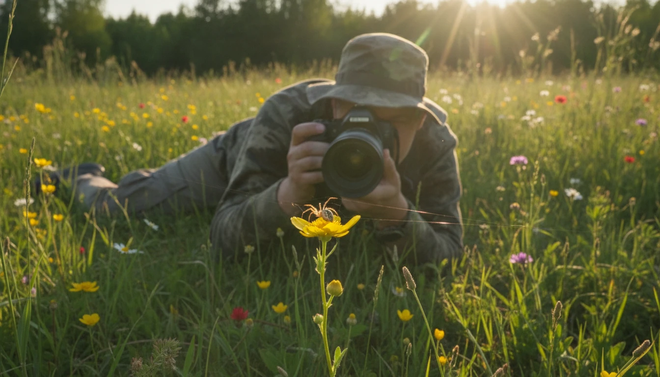 Nature photographer using a macro lens to photograph a spider on a flower in a meadow