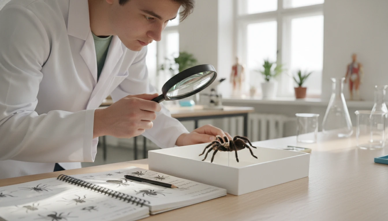 Student examining a preserved spider specimen through a magnifying glass in a biology lab