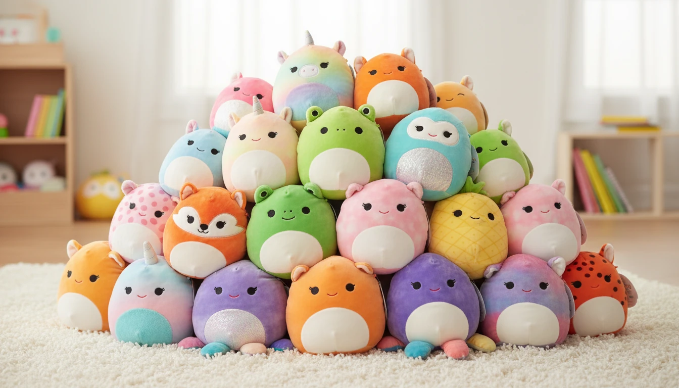 Colourful collection of assorted Squishmallow plush toys piled together on a soft surface