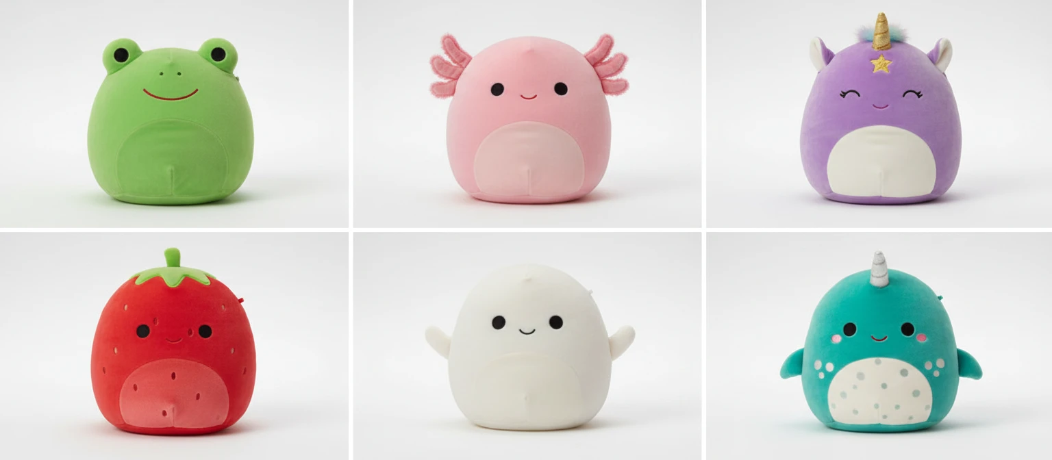 Wide collage of six Squishmallow characters representing different squads: a farm animal, an ocean creature, a fantasy character, a food item, a holiday character, and a wild animal
