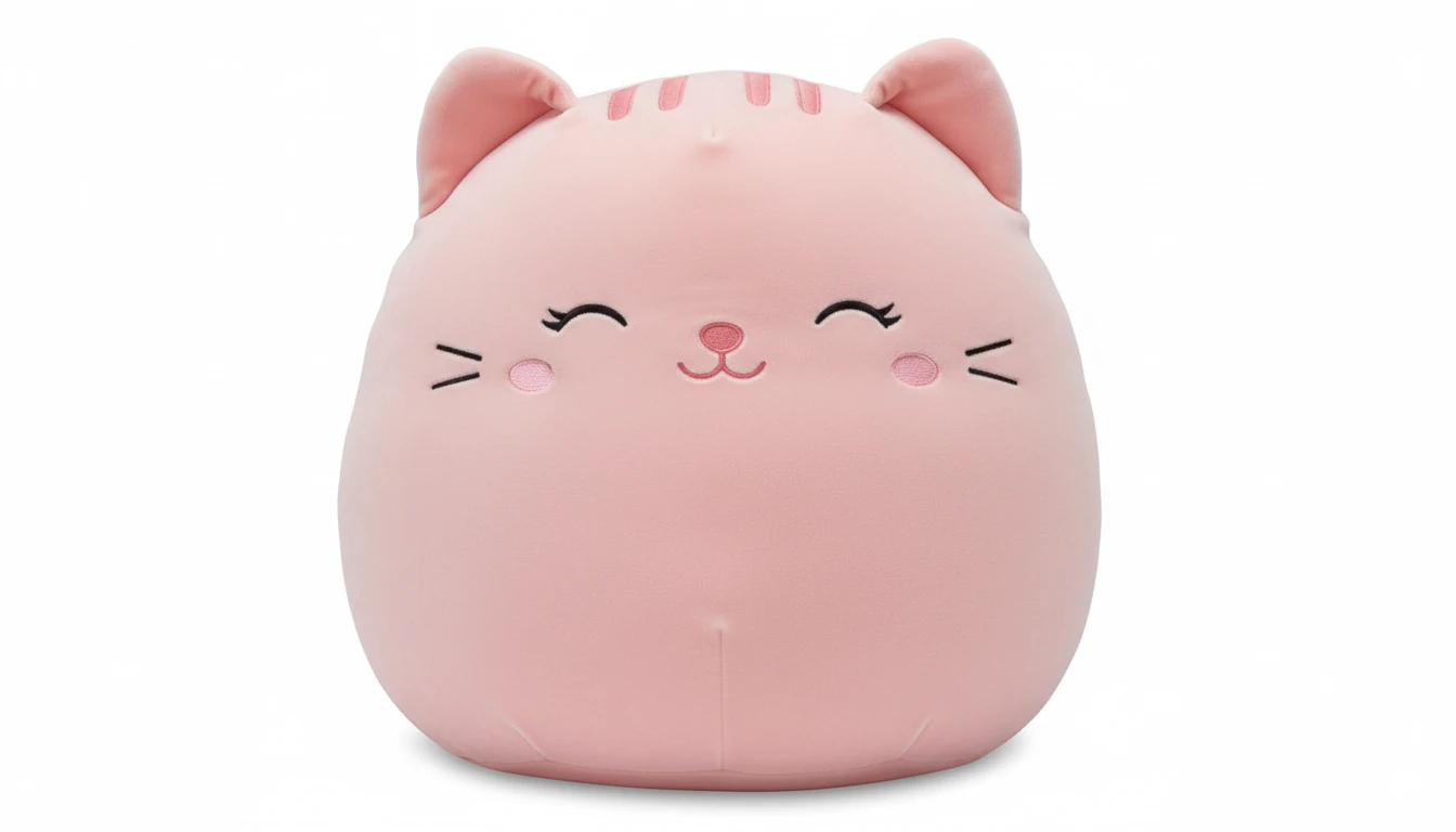 Close-up front view of a large pink cat Squishmallow with closed smile eyes and blush marks