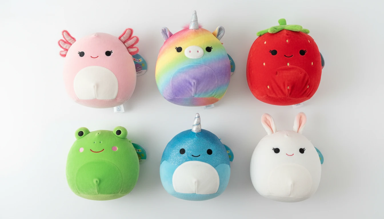 Flat lay of several different Squishmallow characters side by side showing variety of colours and designs