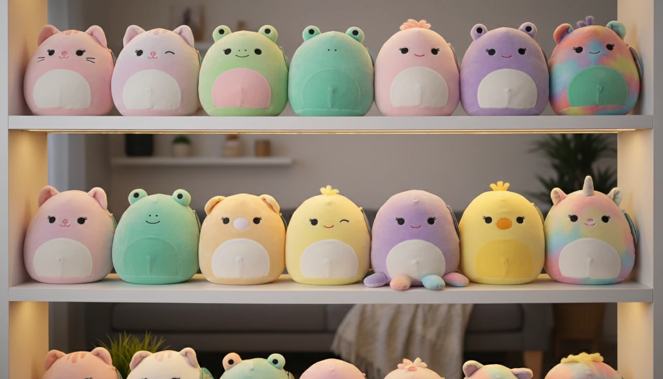 Collector displaying a row of rare Squishmallow characters on a shelf with price tags visible