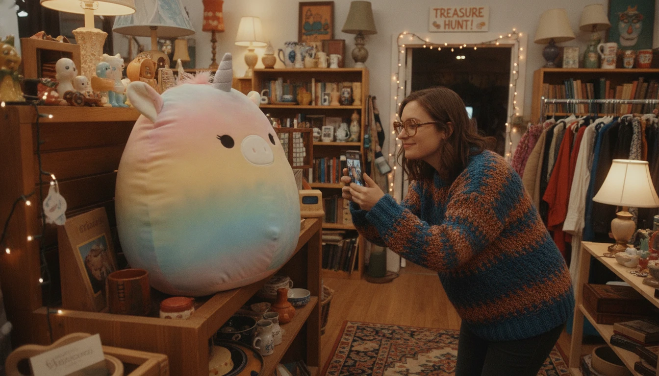 Collector photographing a Squishmallow found at a thrift store to identify it before buying