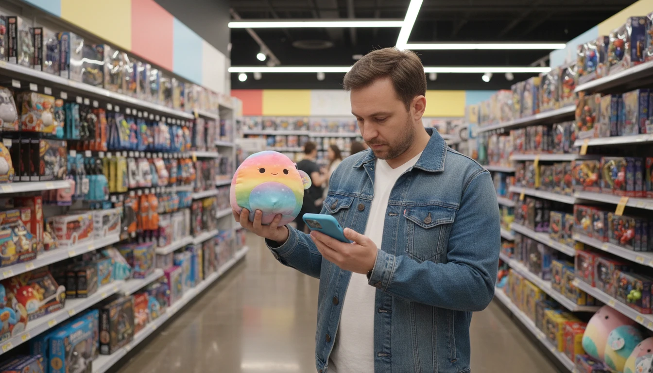 Parent in a toy store holding a Squishmallow and looking at their phone to check if it is the right character