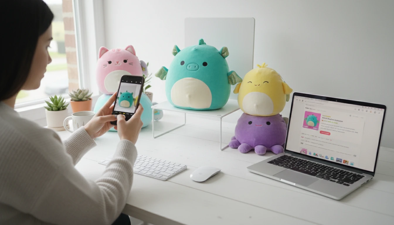Reseller photographing a pile of Squishmallows on a table to catalogue and price them for online sale