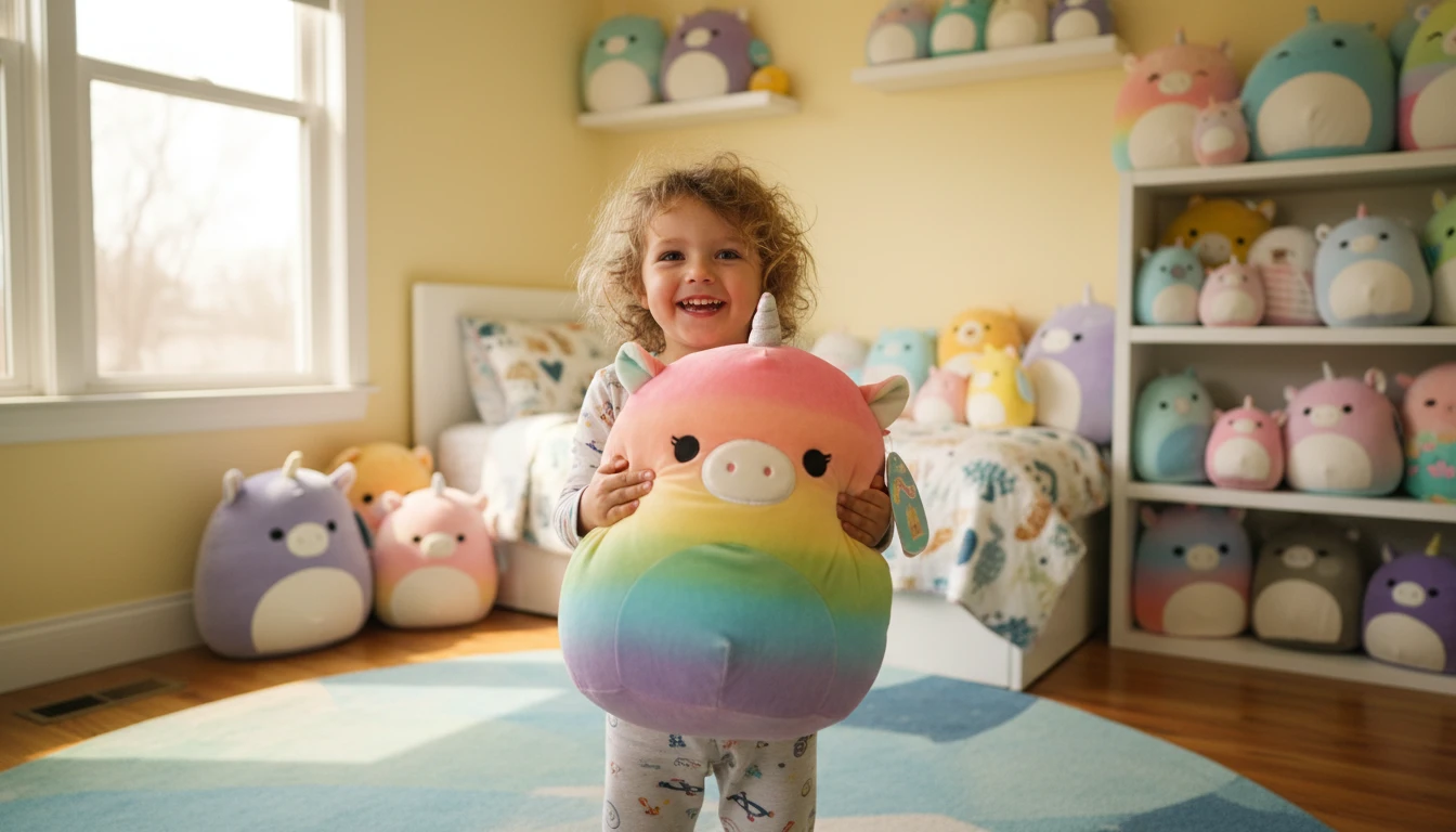 Child holding up a Squishmallow plush and smiling in a bright bedroom with other plushes visible on a shelf