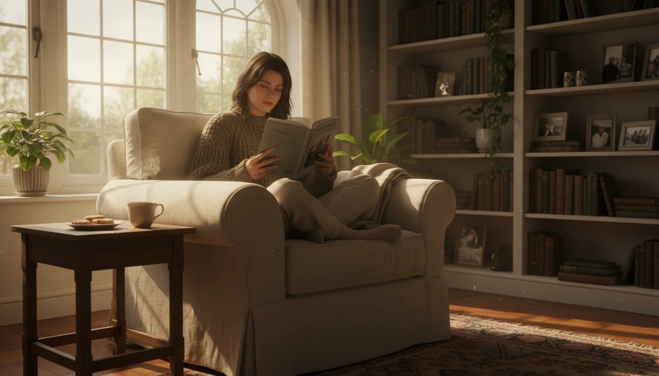 Person reading a printed short story on a comfortable armchair beside a window