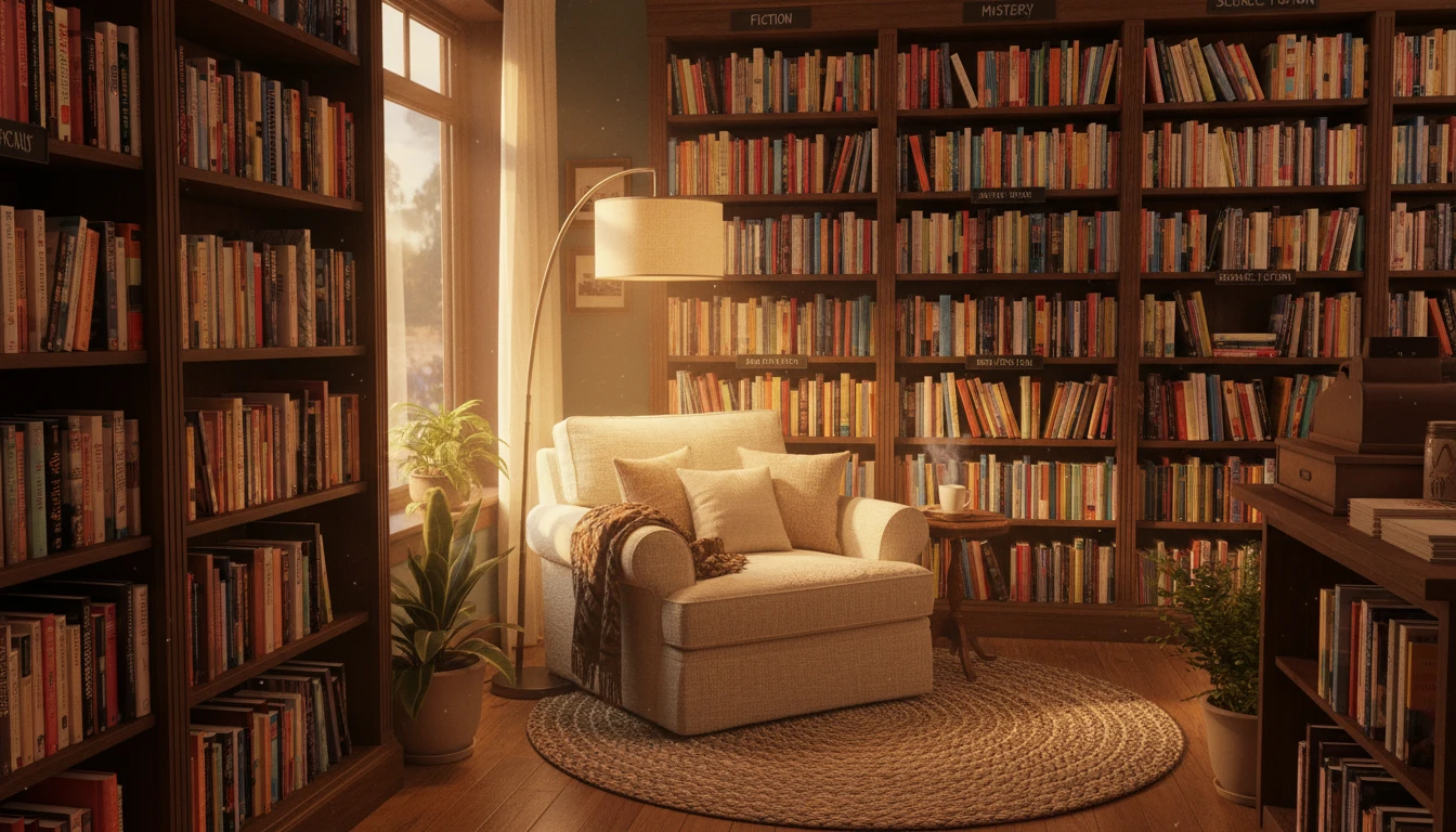 Bookshelves arranged by genre in a cozy bookstore with warm lighting