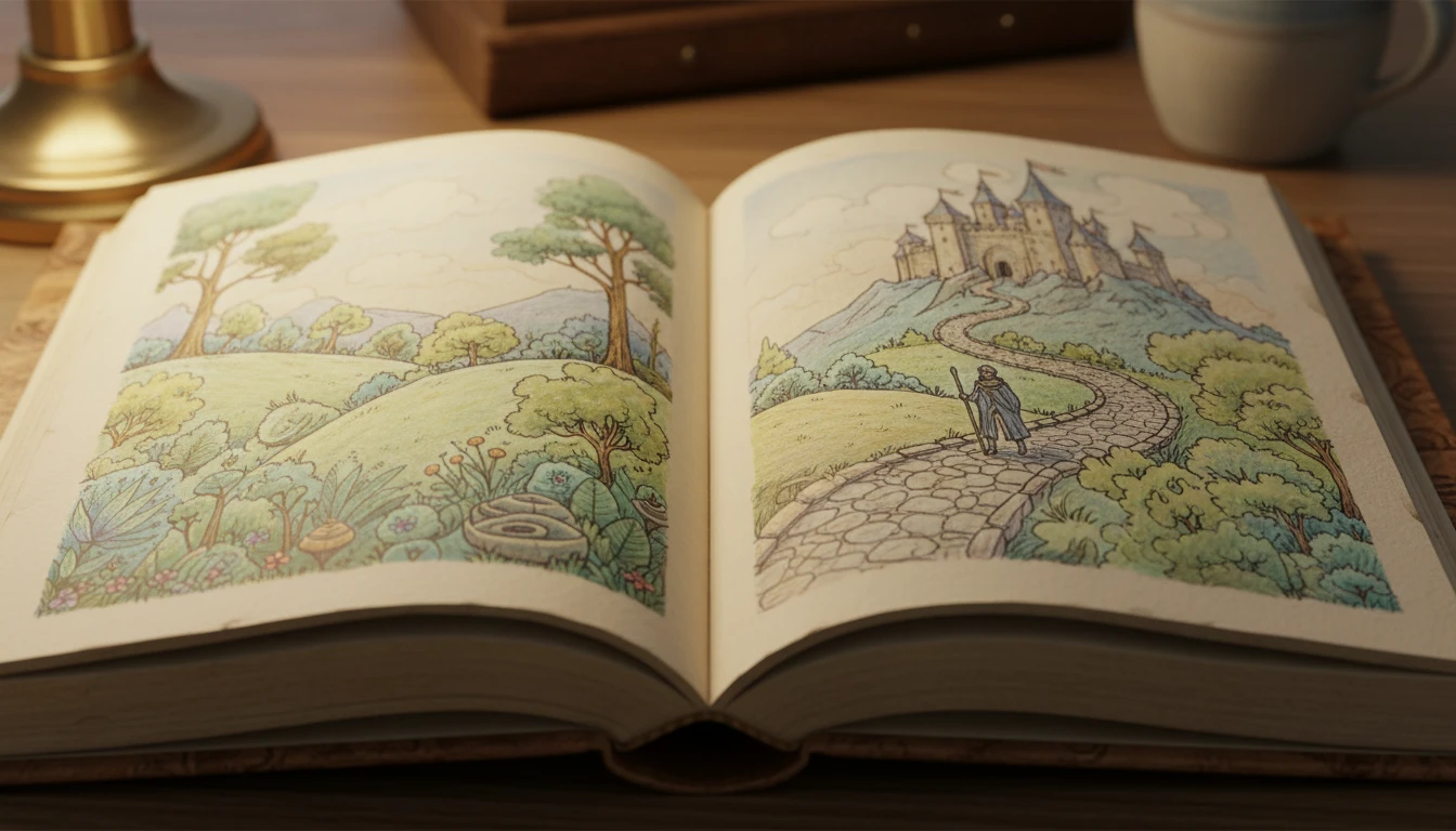 Open book with vivid illustrated pages showing a fantasy landscape