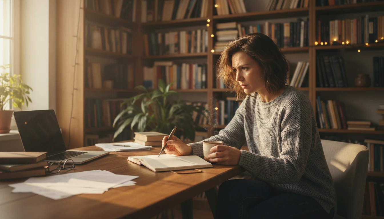 Writer at a desk staring at a blank page trying to overcome writer's block