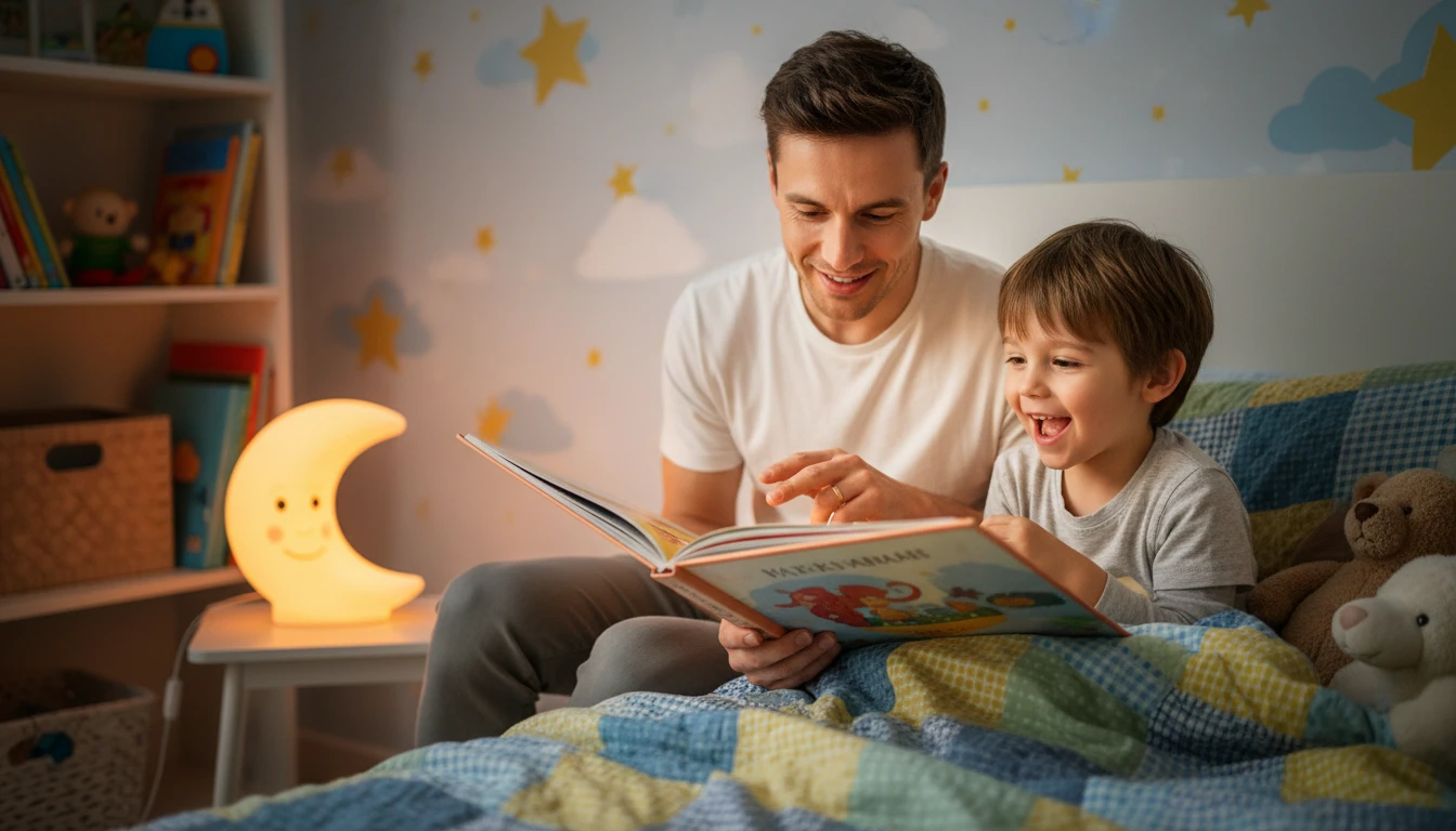 Parent reading a story to a young child in a cozy bedroom at bedtime