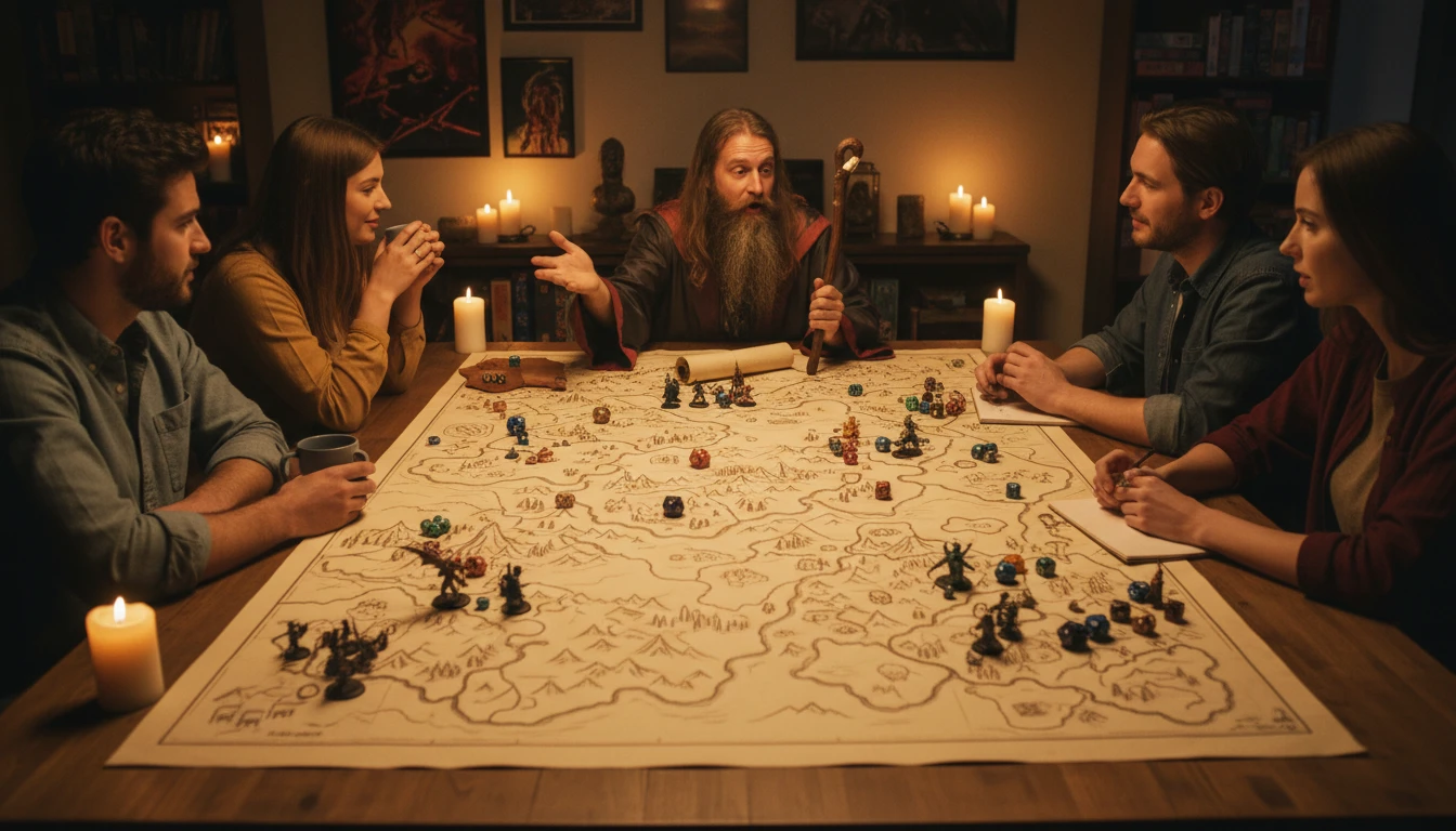 Tabletop RPG players around a game table with maps and dice in a gaming session