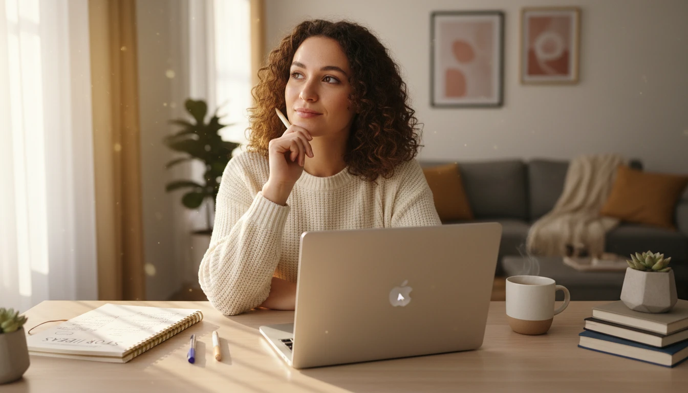 Content creator planning a storytelling post at a laptop with a notebook of ideas