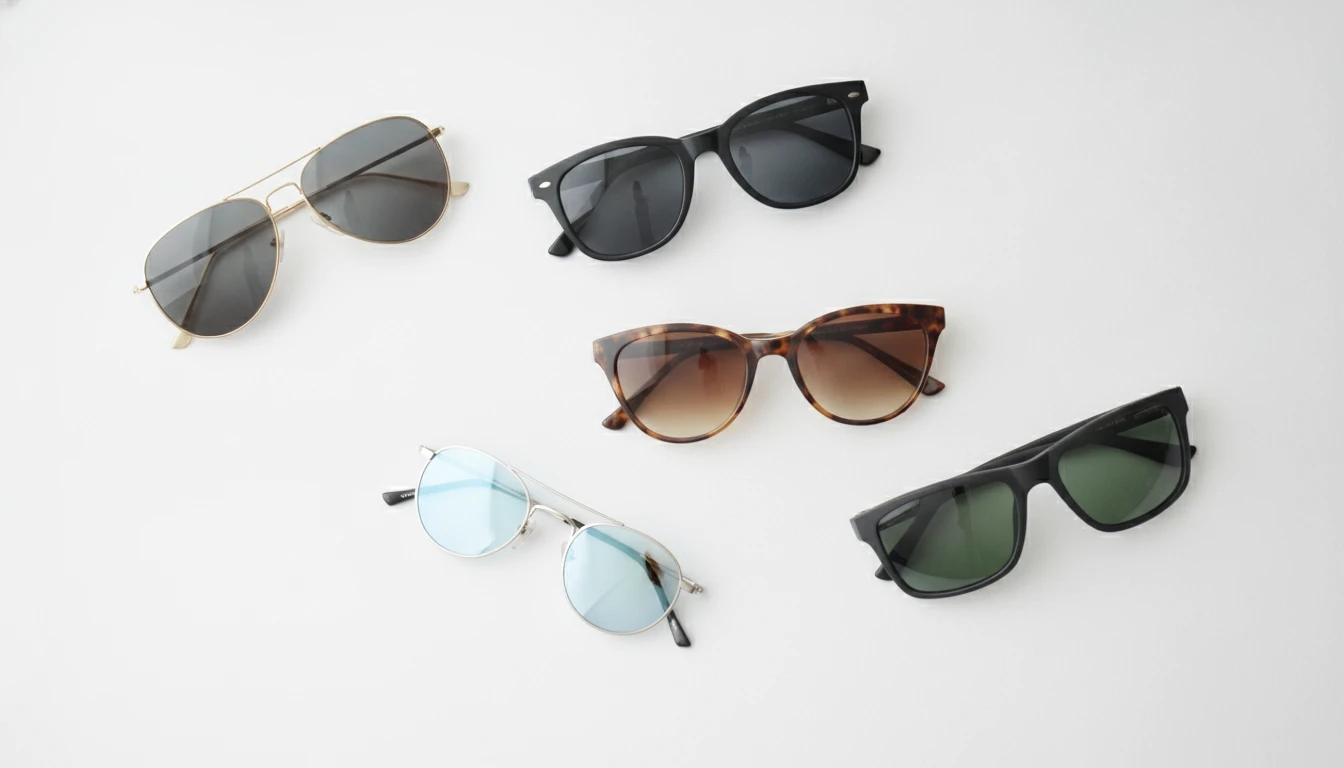 Flat lay of several different sunglasses styles on a clean white surface in a bright studio