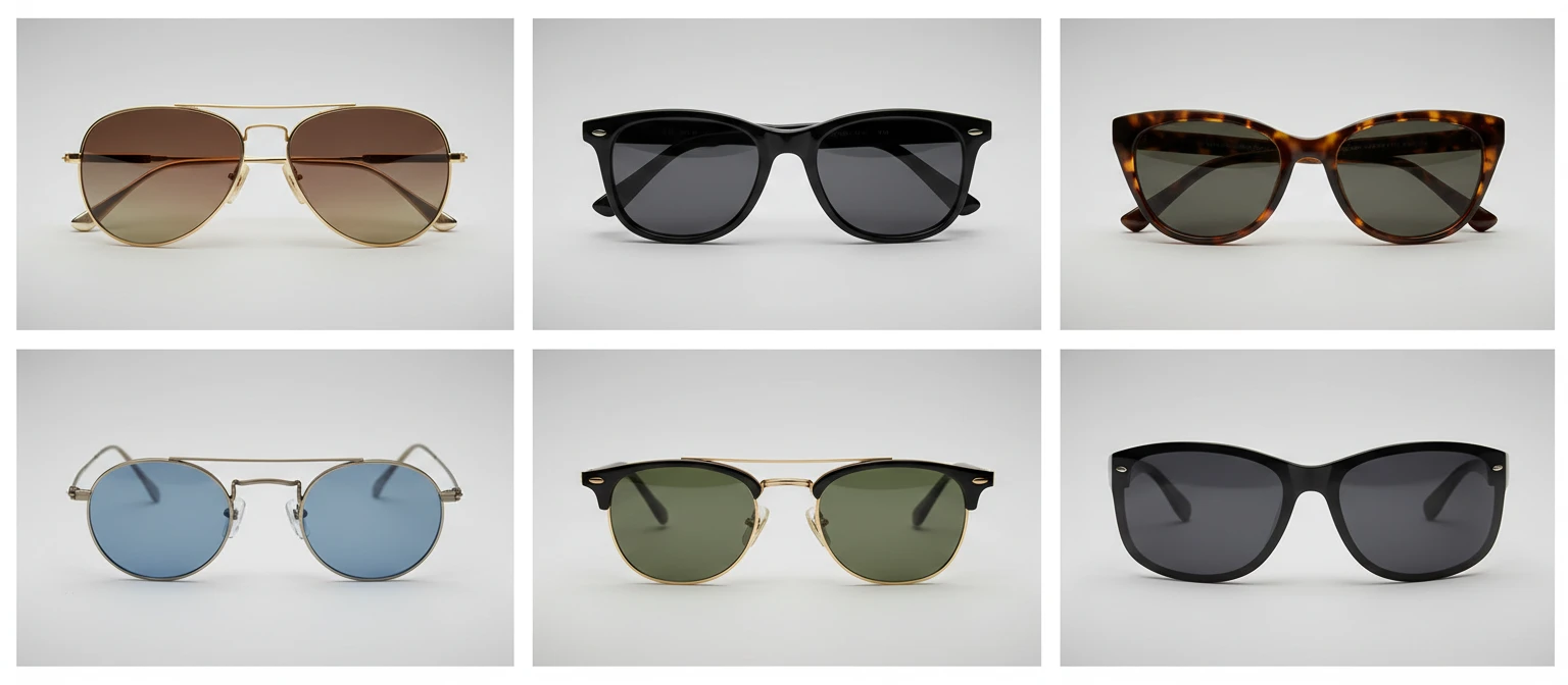 Wide photo collage of six iconic sunglasses styles: aviator, wayfarer, cat-eye, round, clubmaster, and shield, each on a clean background