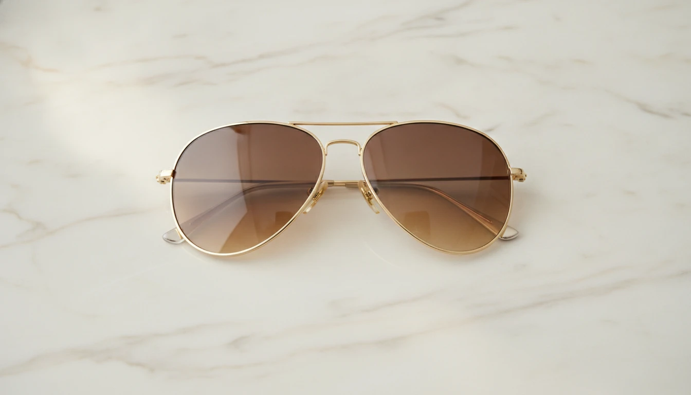 Close-up of a classic gold aviator sunglasses with teardrop lenses on a neutral background
