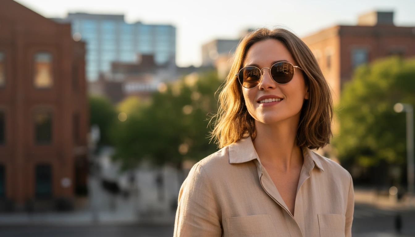 Person with an oval face wearing classic round sunglasses outdoors in bright sunlight