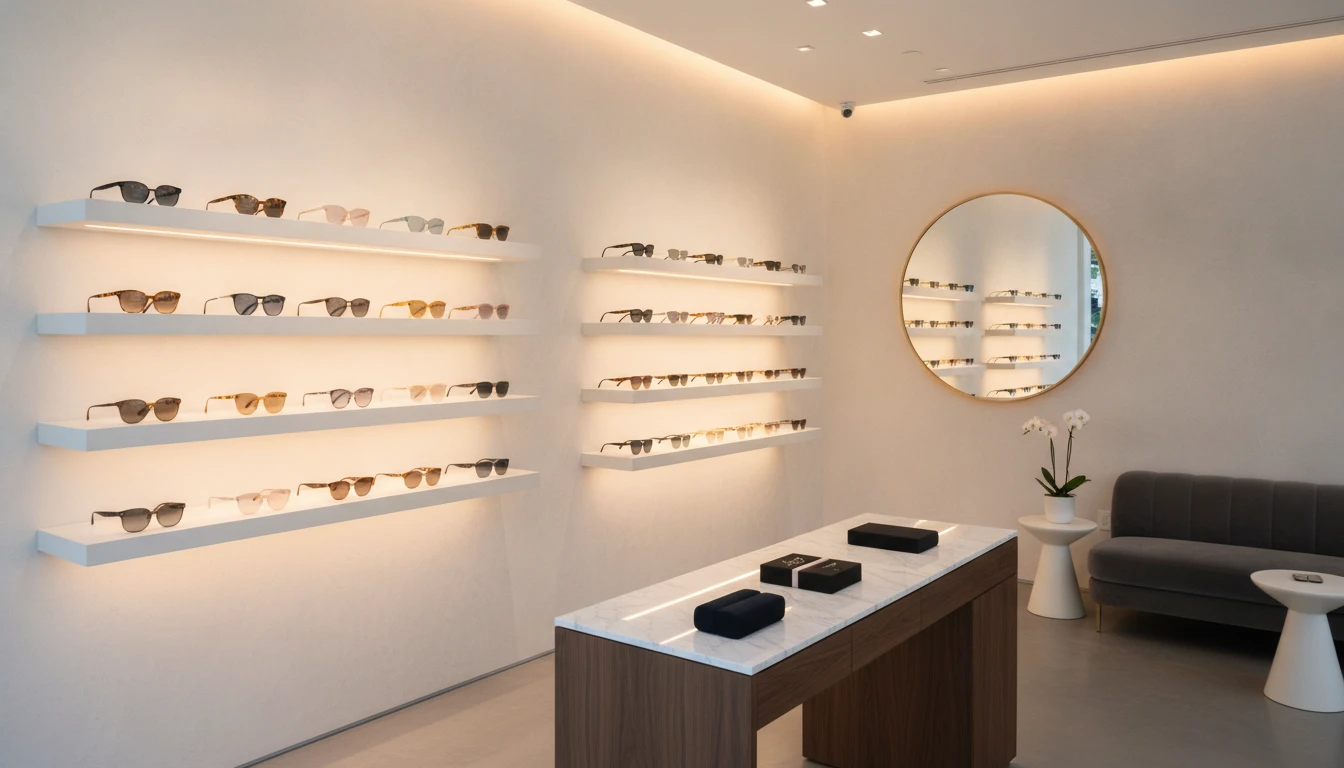 Display wall of multiple sunglasses styles in a modern eyewear boutique with clean lighting