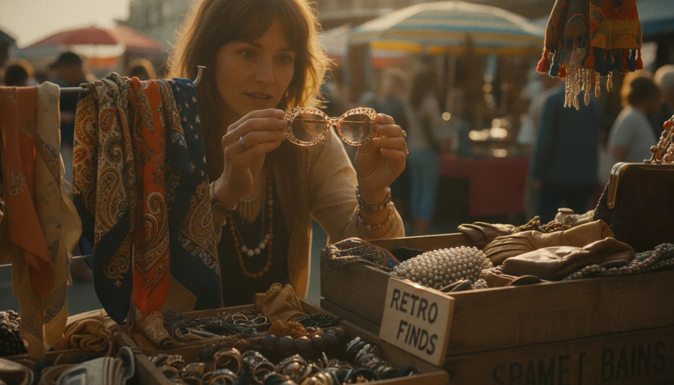 Person examining a vintage pair of sunglasses at an outdoor antique market stall