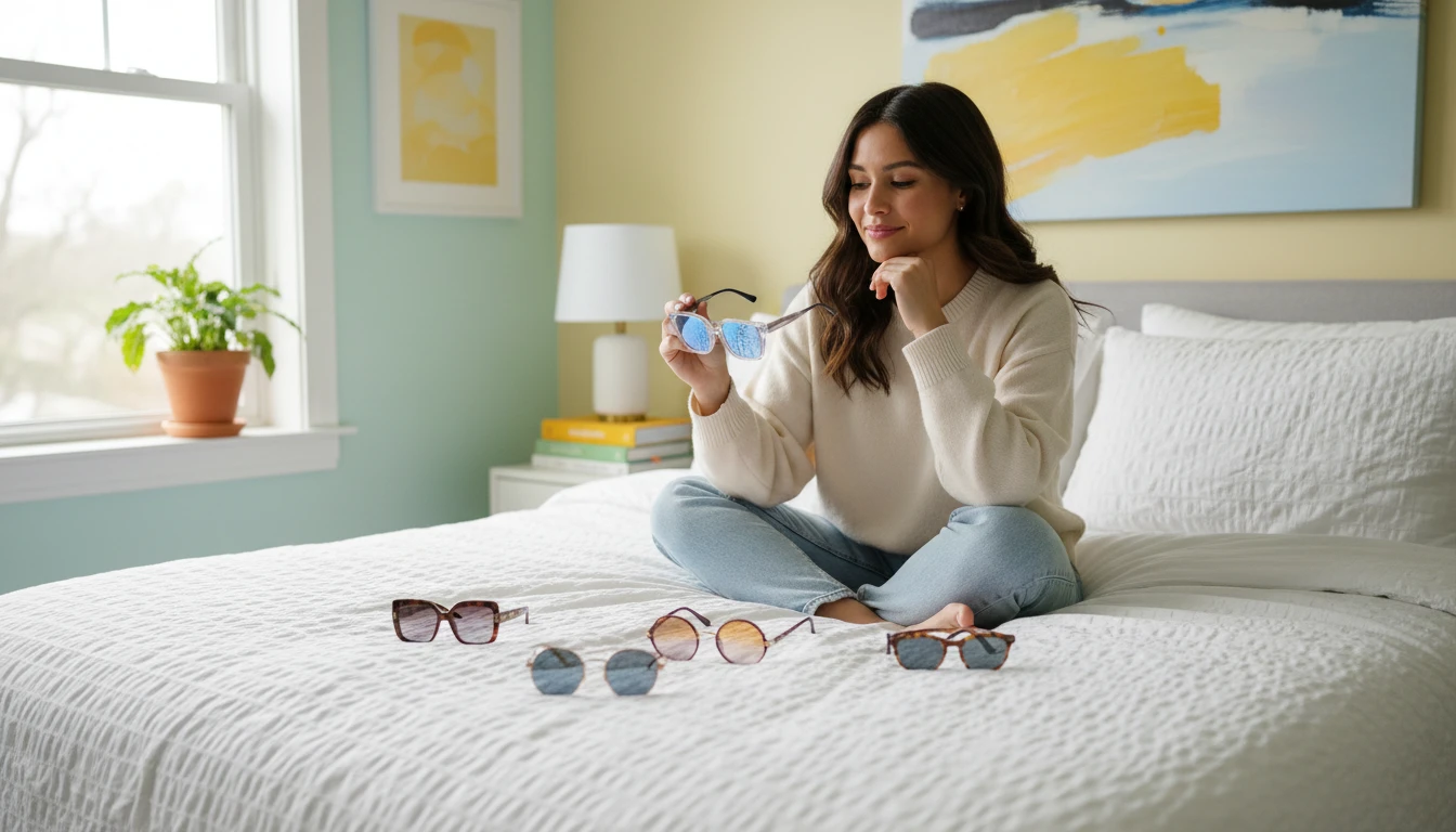 Person at home browsing a collection of sunglasses styles laid out on a bed before choosing one