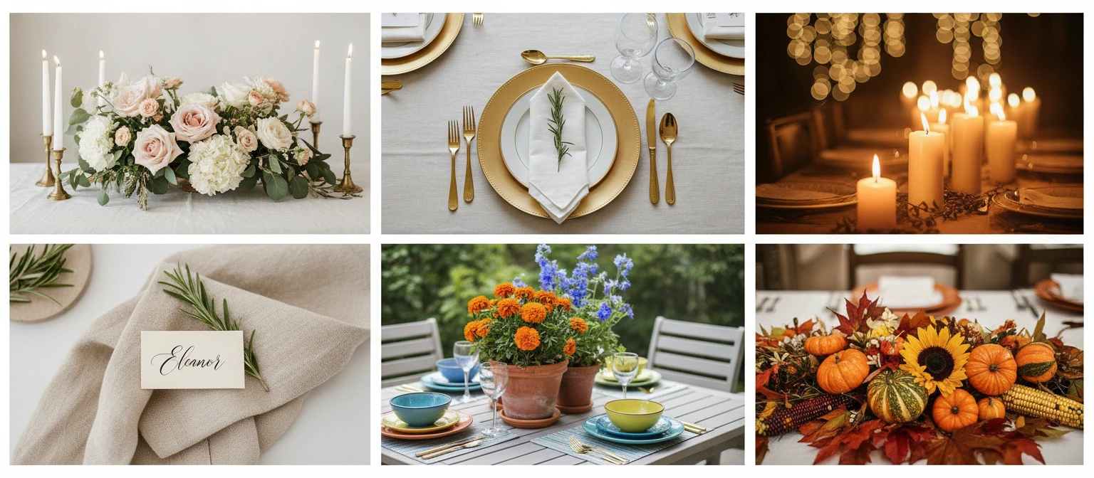 Wide panoramic view of several beautifully styled tables in different design styles: rustic, modern, romantic, and seasonal