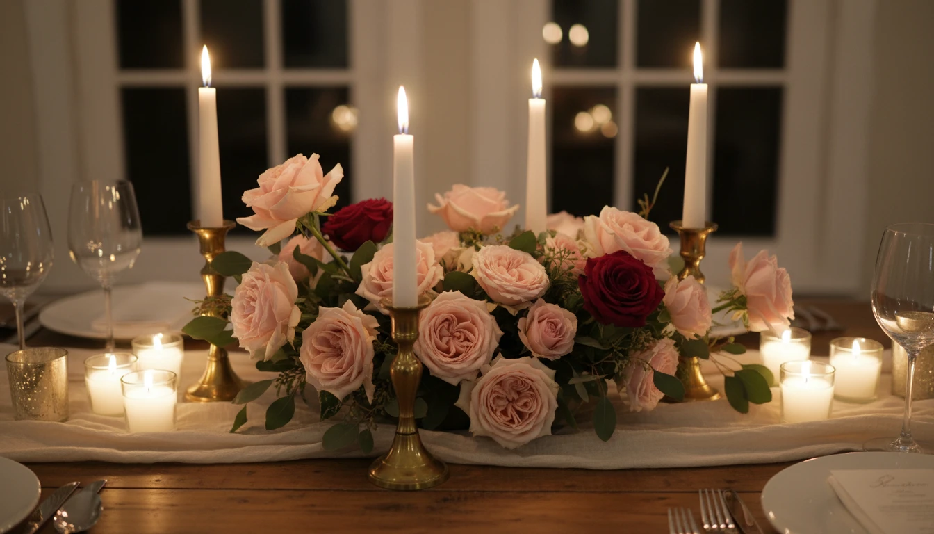 Three different centerpiece arrangements on a dining table showing variety of styles and budgets