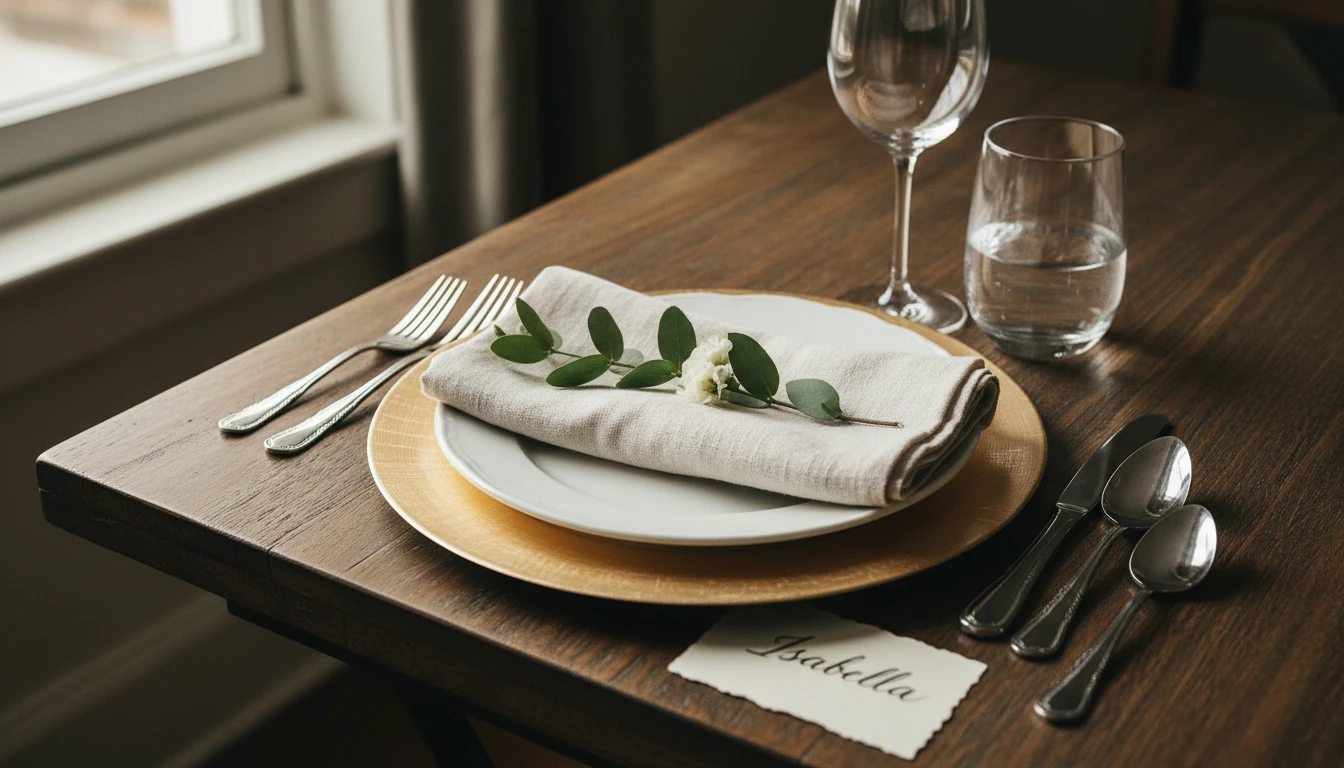 Close-up of a beautifully styled individual place setting with layered plates, linen napkin, cutlery, and glassware