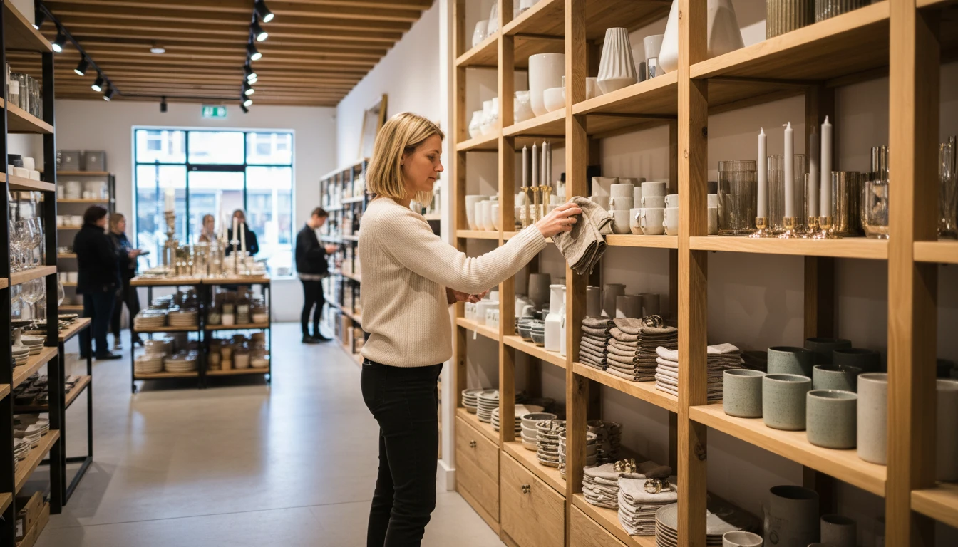 Person browsing table decor items at a home decor store with a shopping basket