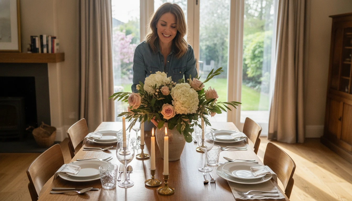 Host arranging a dinner party table with flowers and candles before guests arrive
