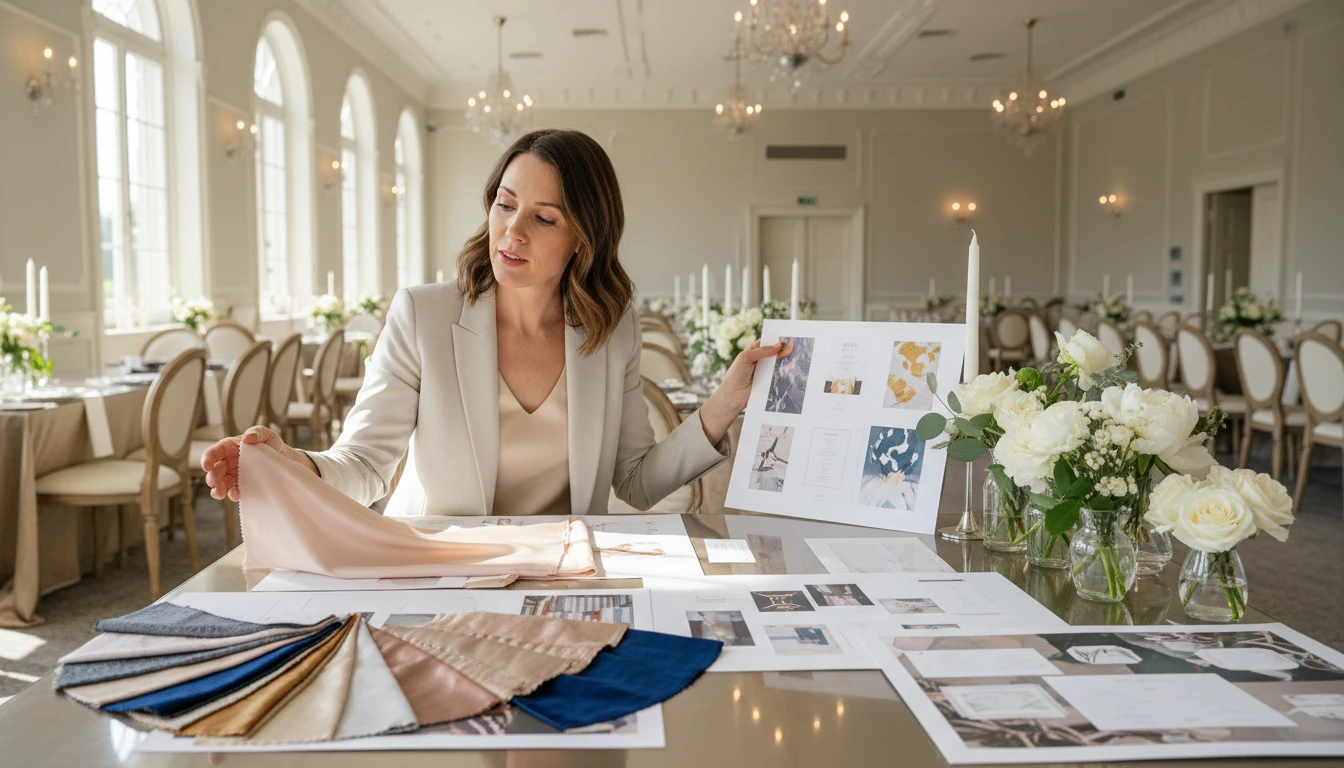 Event planner reviewing table decor samples and arrangements at a venue