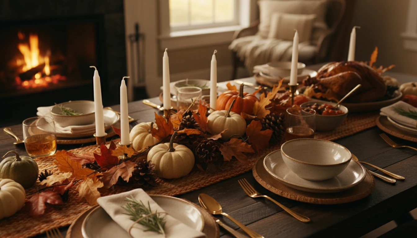 Family dining table beautifully decorated for a Thanksgiving holiday gathering