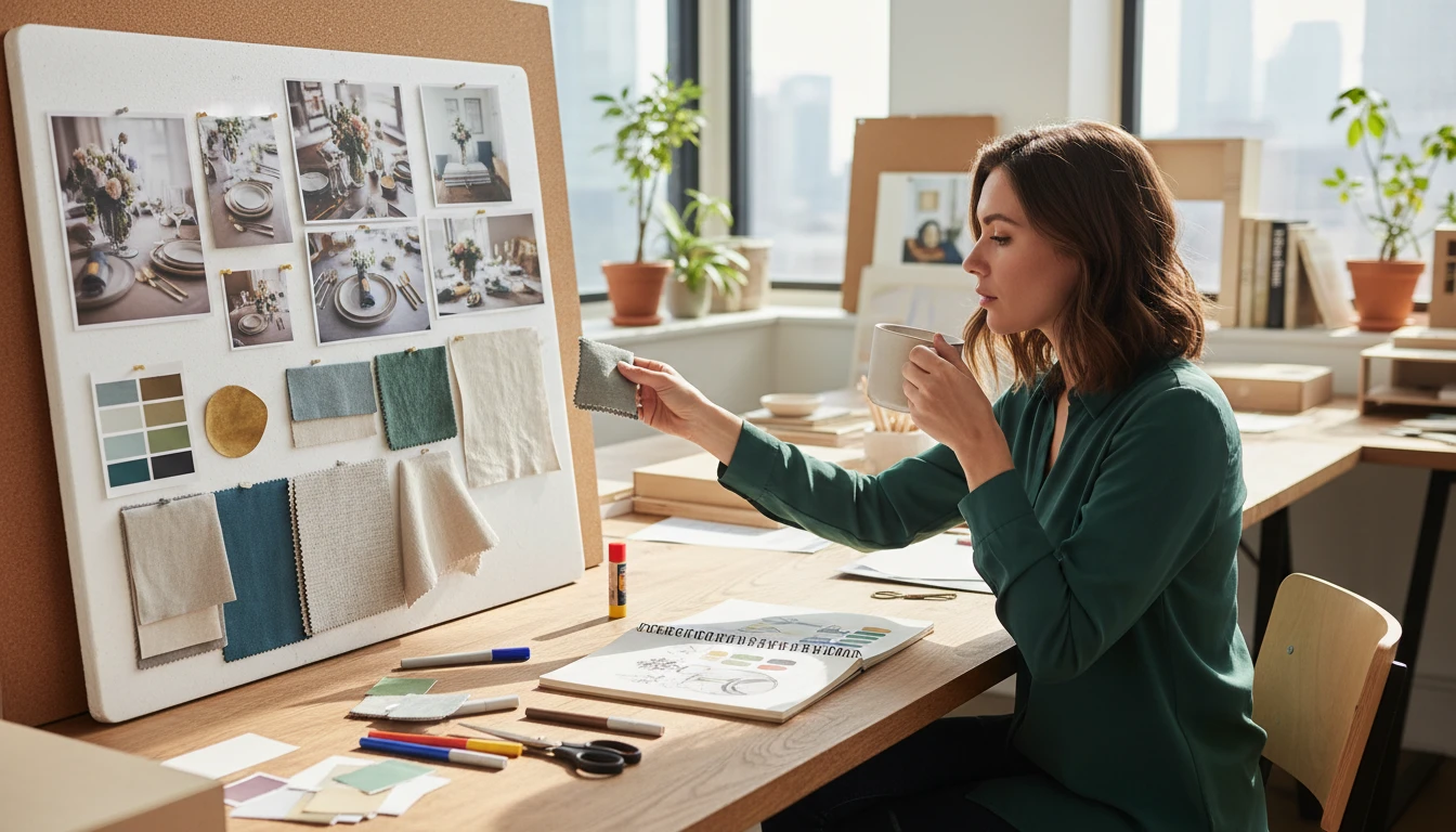 Interior design student sketching table decor ideas from a photo pinned to a mood board