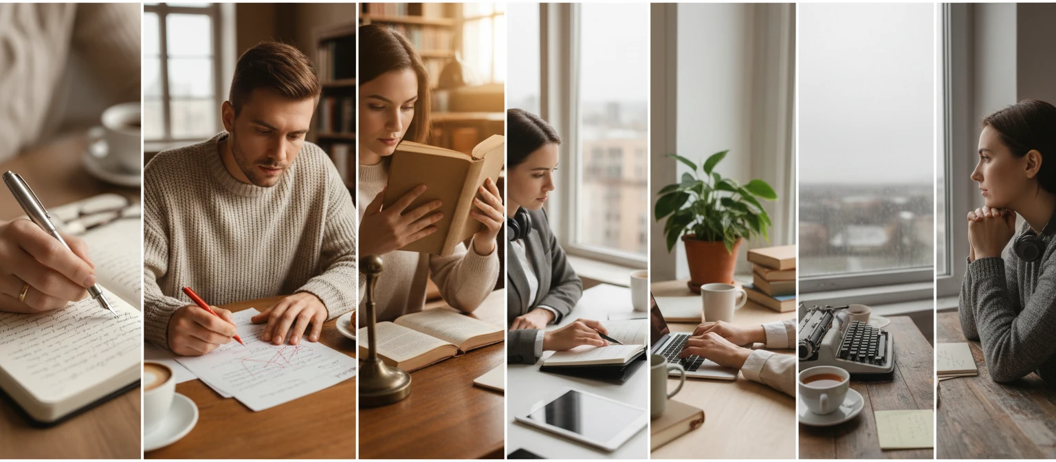 Wide collage of writers at work in various environments — café, office, library, home