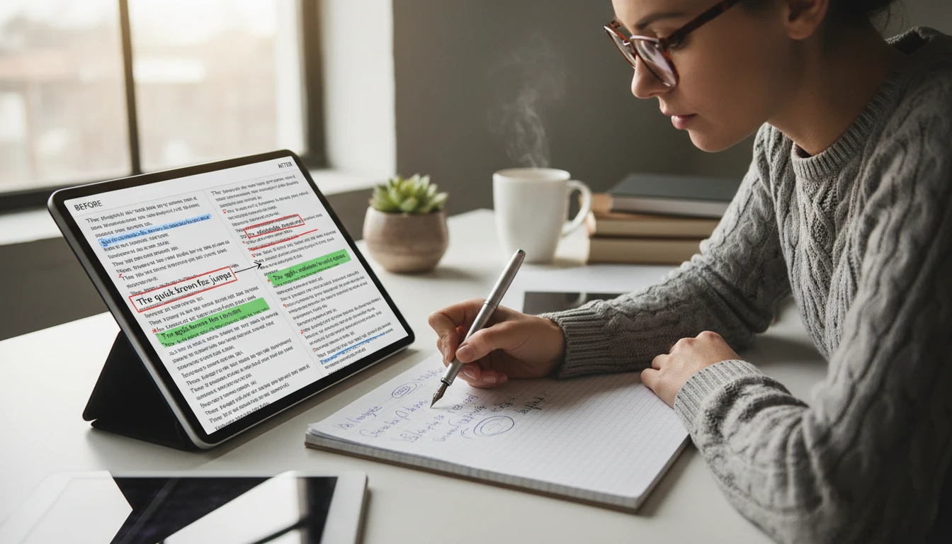 Writer reviewing annotated before-and-after text on a tablet with colored markup