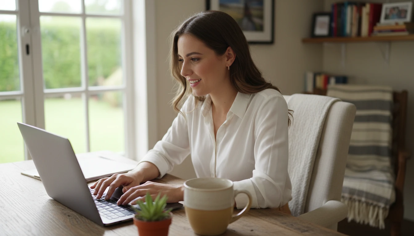 Blogger at a home desk editing an AI draft on a laptop with natural expression