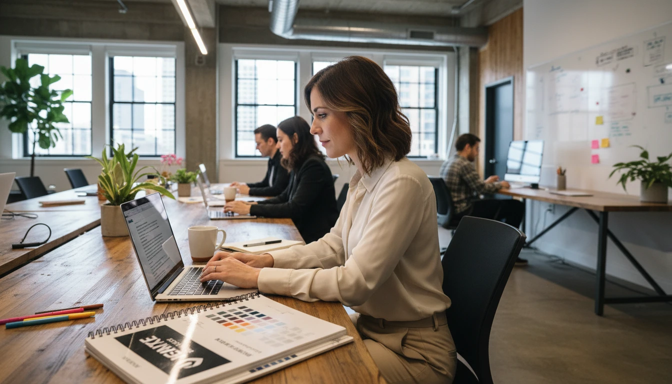 Marketing team member reviewing copy on a laptop at a busy agency office