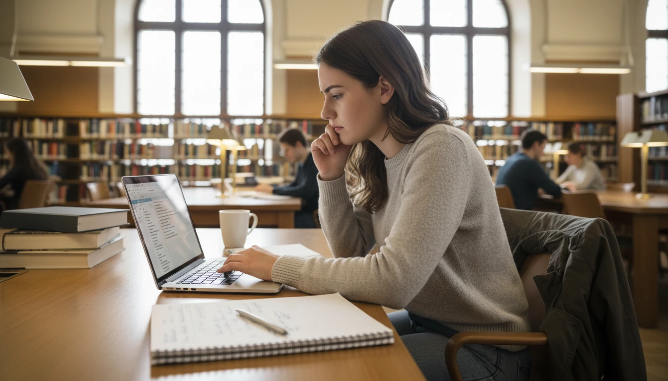 Student at a library desk revising an essay on a laptop with a notebook open