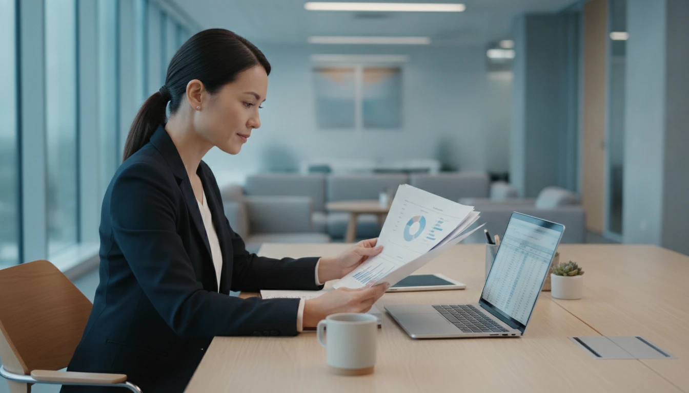Business professional reviewing a report at a corporate office desk