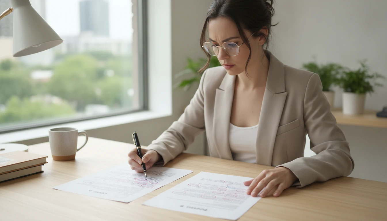 Writer at a desk comparing two versions of a document with a focused, deliberate expression