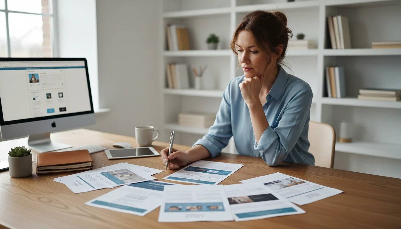 Content professional reviewing eight different document versions arranged on a desk