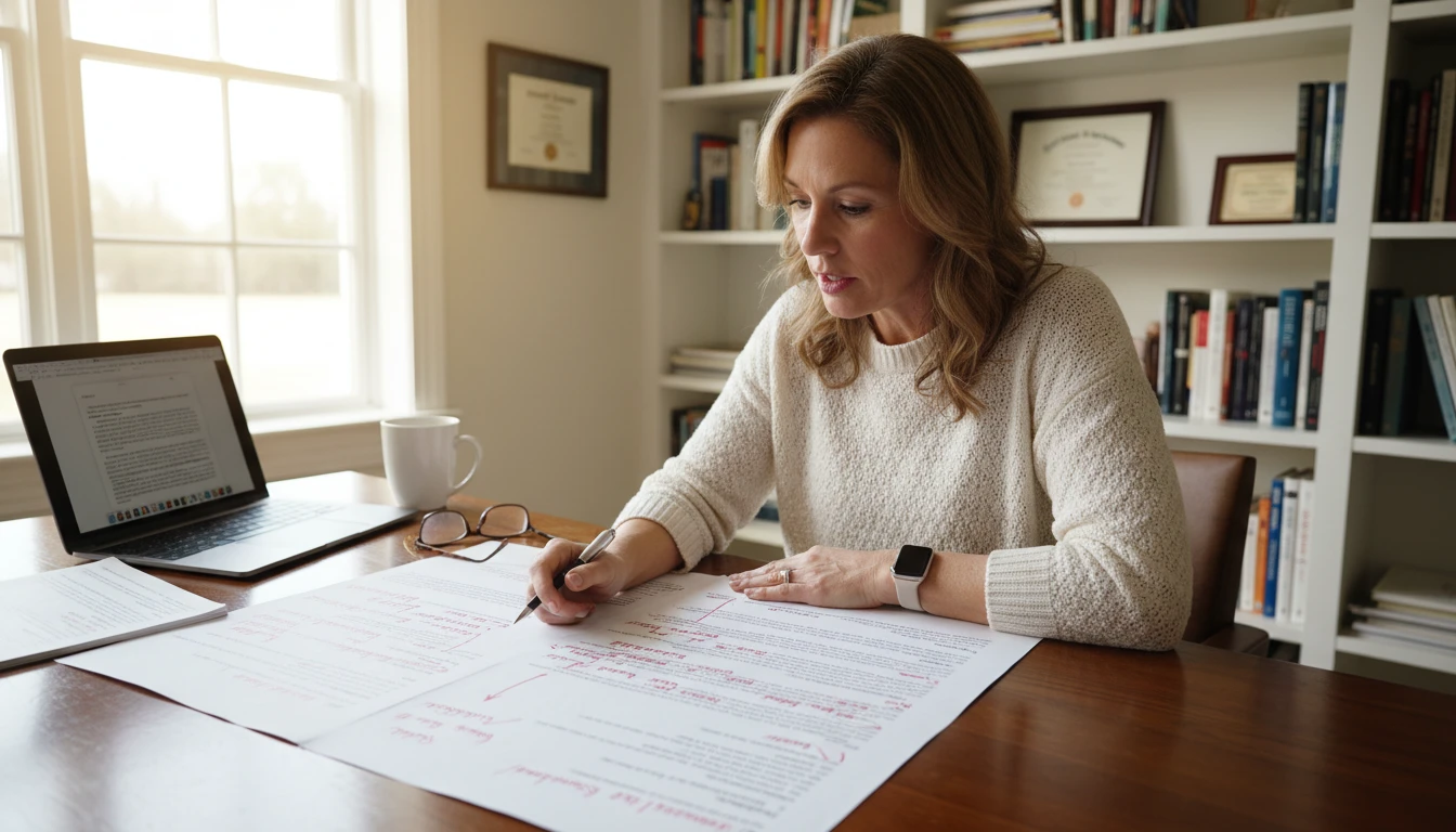 Writing coach annotating a student document with specific revision notes at a desk