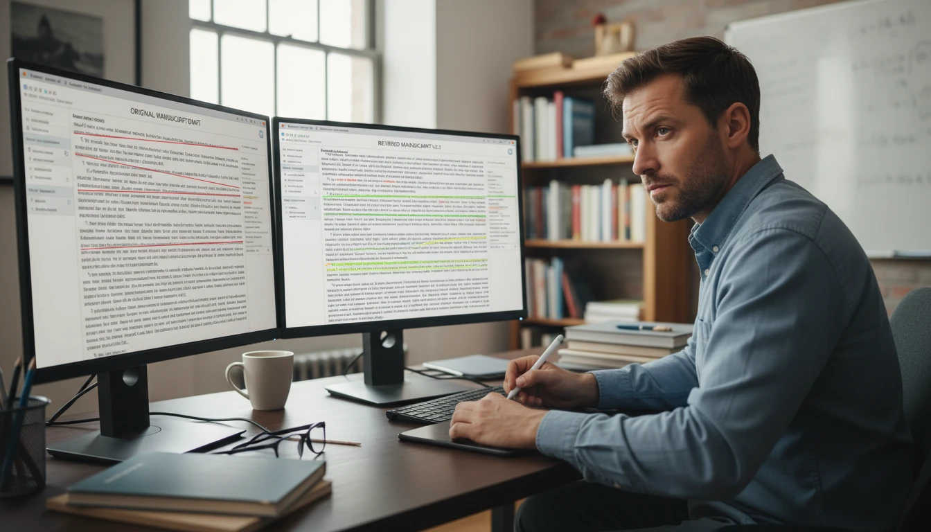 Researcher comparing original and paraphrased academic text on dual monitors