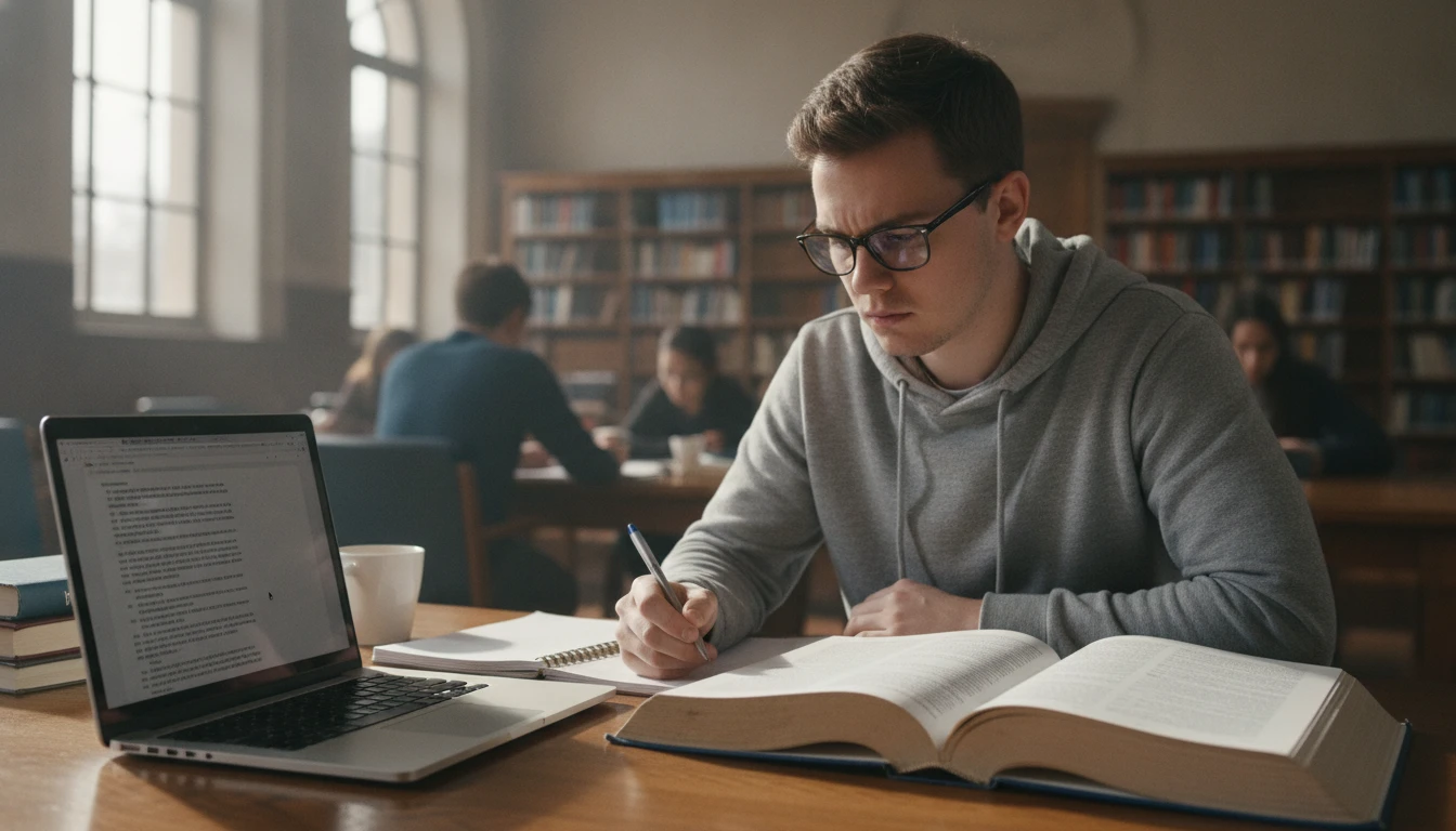 Student at a library desk paraphrasing source material for an essay on a laptop