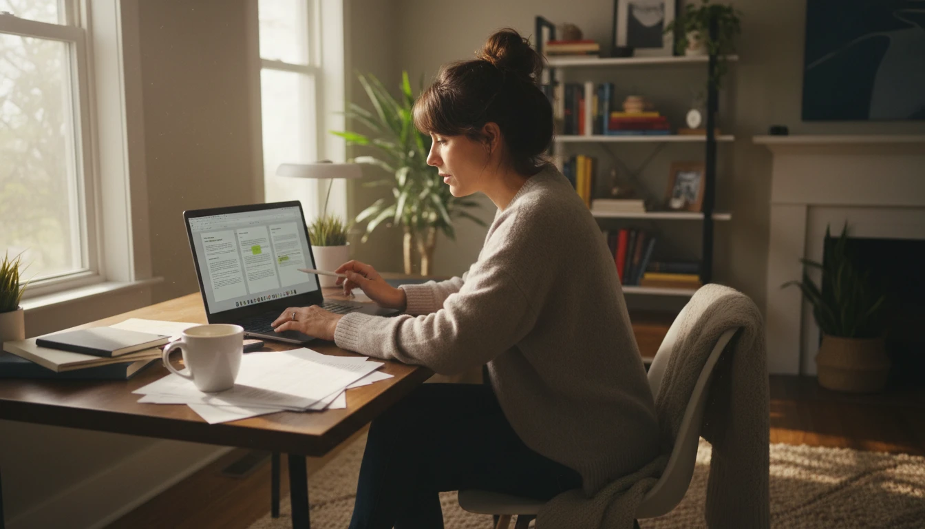 Blogger drafting multiple content versions on a laptop at a home office desk