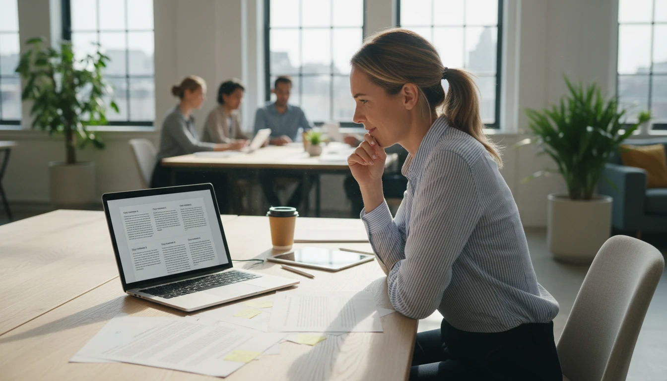 Marketing professional reviewing multiple copy variations on a laptop at a modern office