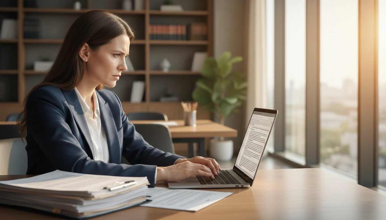 Legal professional rewriting a complex document into plain language on a laptop
