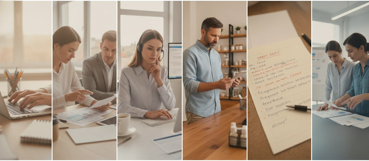 Wide collage of professional communication scenes — desks, emails, meetings, notebooks