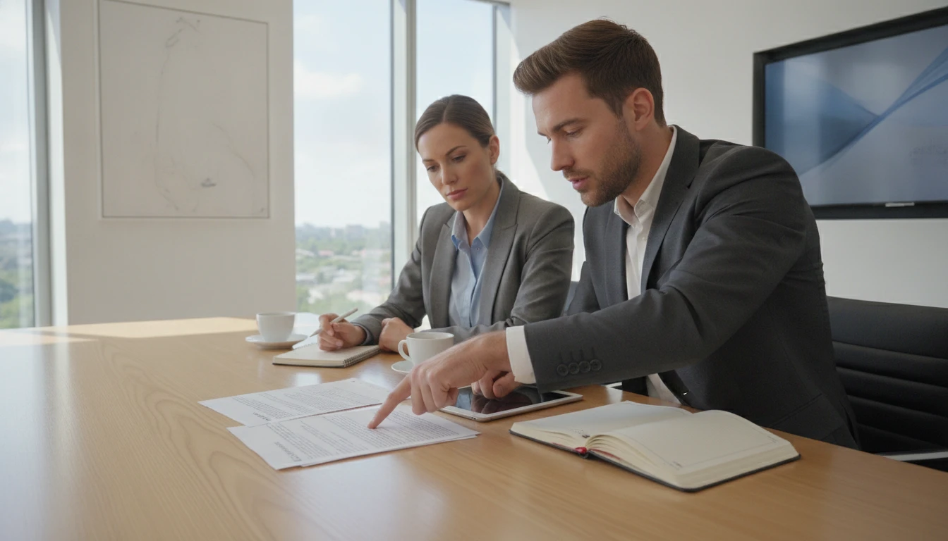 Two professionals in a collaborative discussion reviewing a printed email chain at a desk