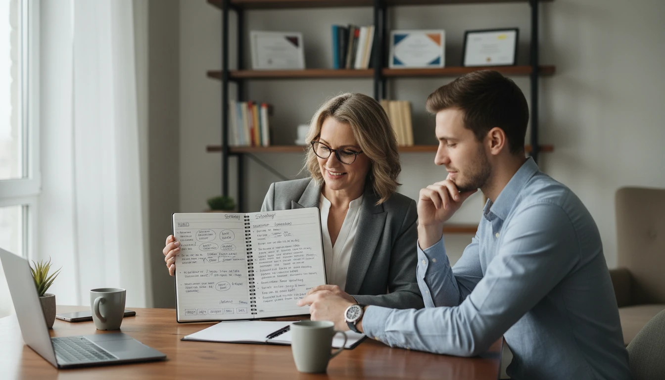 Communication coach reviewing response strategy notes with a client at a desk